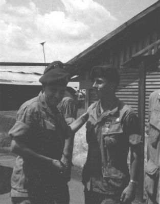 Prple Heart presentation
LTC Mearlan "Pappy" LaMar, commander of B-24, presenting SP4 with first award of the Purple Heart.
Keywords: Purple Heart;B-34;A-344;Pappy;Pryor;Bunard;Lamar